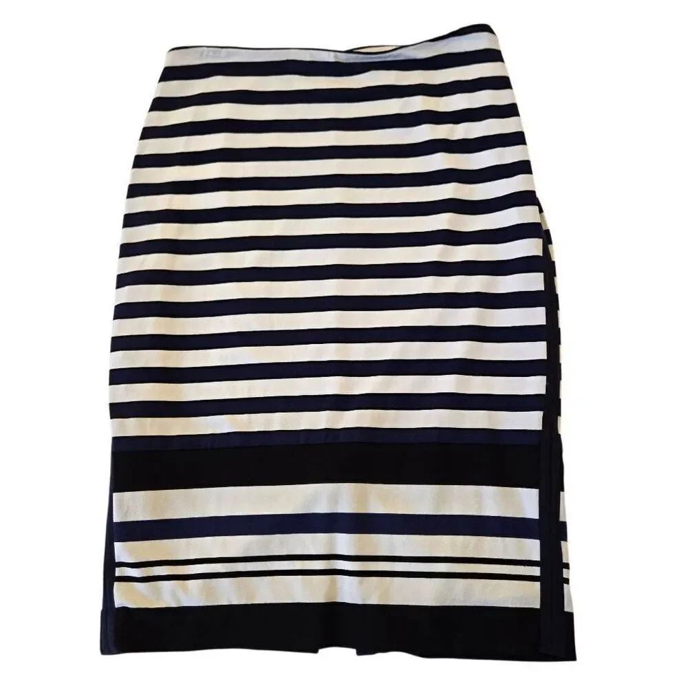 White House Black Market Womens Striped Pencil Midi Skirt Navy & White Sz 6
